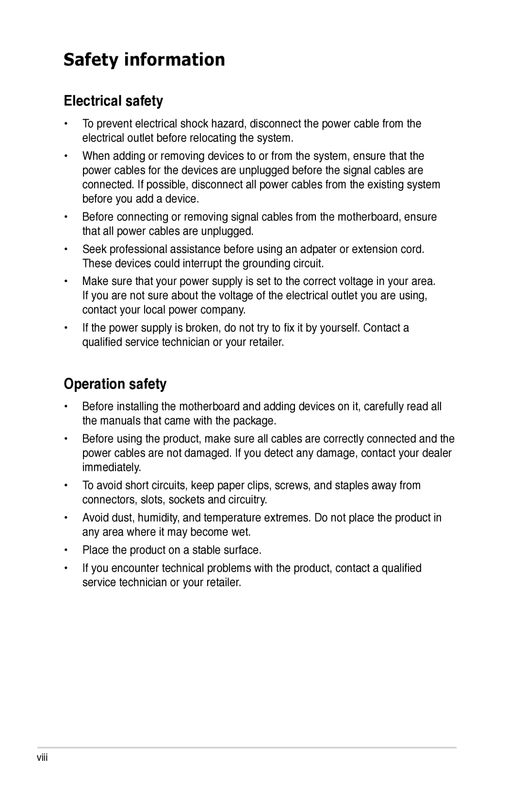 Asus P5B manual Safety information, Electrical safety, Operation safety 