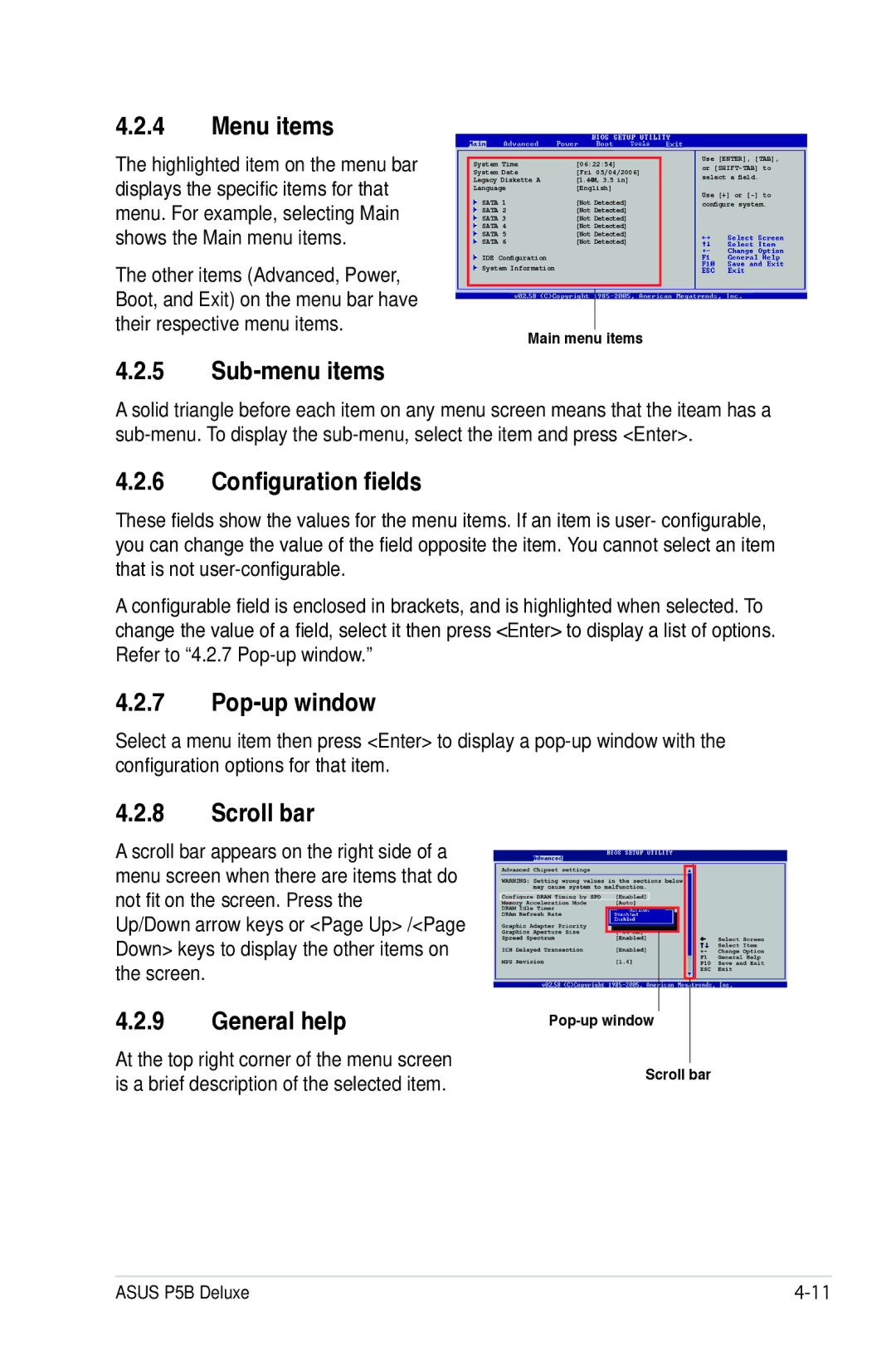 Asus P5B manual Menu items, Sub-menu items, Configuration fields, Pop-up window, Scroll bar, General help 