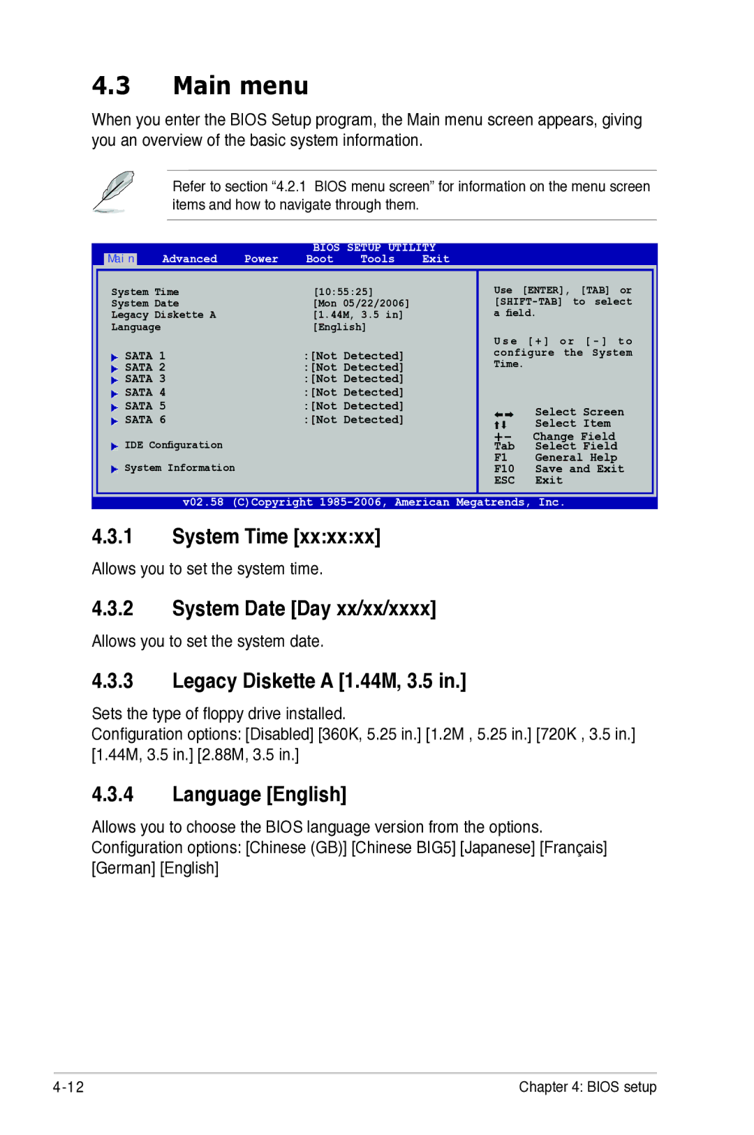 Asus P5B manual Main menu, System Time, System Date Day xx/xx/xxxx, Legacy Diskette a 1.44M, 3.5, Language English 