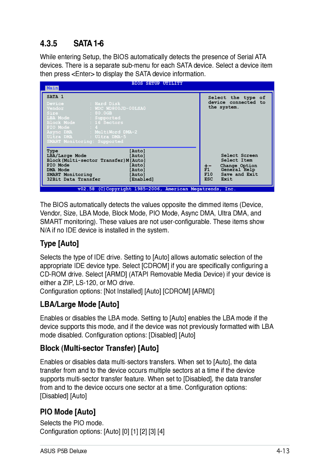 Asus P5B manual Sata, Type Auto, LBA/Large Mode Auto, Block Multi-sector Transfer Auto, PIO Mode Auto 