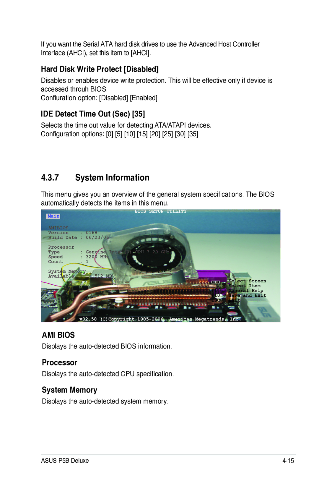 Asus P5B manual System Information, Hard Disk Write Protect Disabled, IDE Detect Time Out Sec, Processor, System Memory 