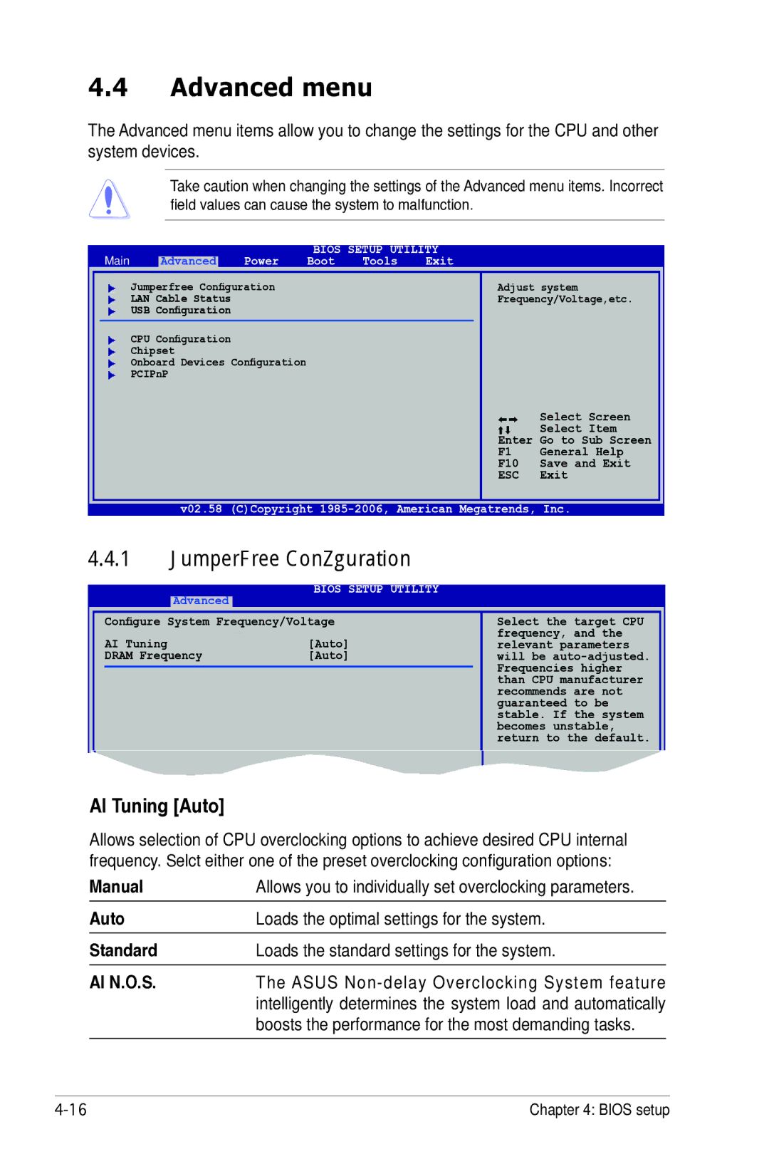 Asus P5B manual Advanced menu, JumperFree Configuration, AI Tuning Auto 