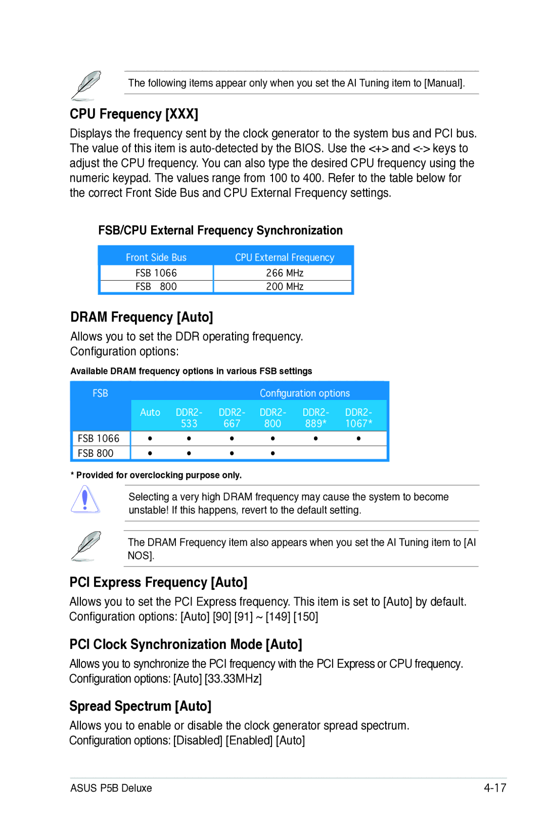 Asus P5B manual CPU Frequency, Dram Frequency Auto, PCI Express Frequency Auto, PCI Clock Synchronization Mode Auto 