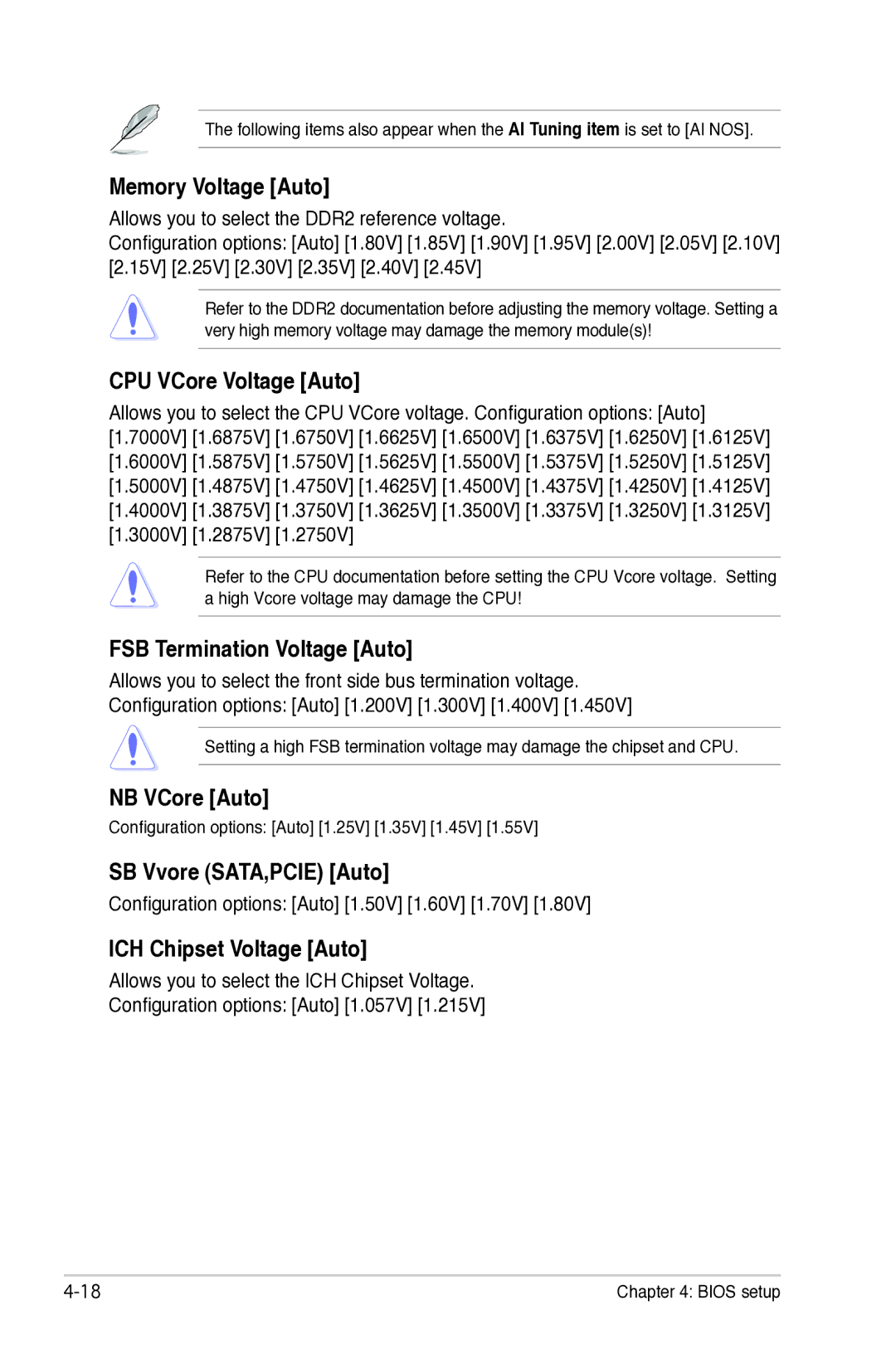 Asus P5B Memory Voltage Auto, CPU VCore Voltage Auto, FSB Termination Voltage Auto, NB VCore Auto, SB Vvore SATA,PCIE Auto 