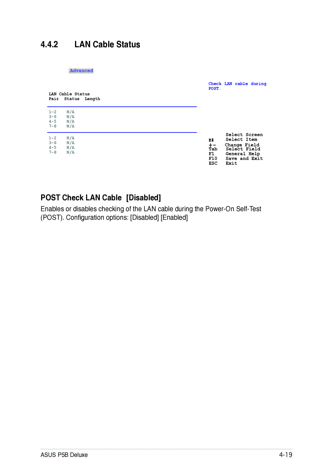 Asus P5B manual LAN Cable Status, Post Check LAN Cable Disabled, Post Check LAN cable Disabled 