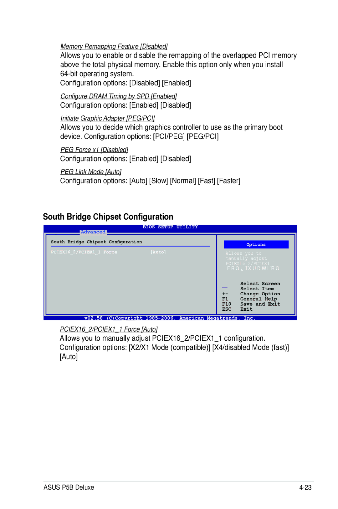 Asus P5B manual South Bridge Chipset Configuration, Configuration options Enabled Disabled, PCIEX162/PCIEX11 Force 