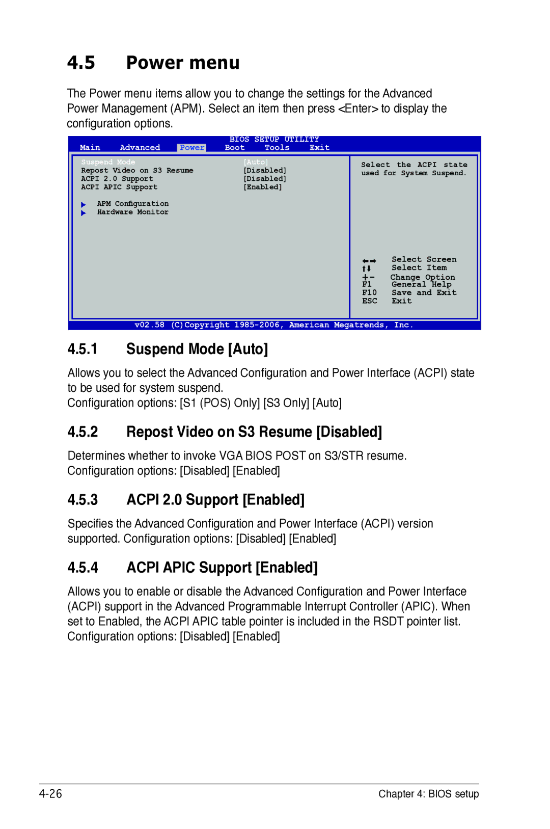 Asus P5B manual Power menu, Suspend Mode Auto, Repost Video on S3 Resume Disabled, Acpi 2.0 Support Enabled 