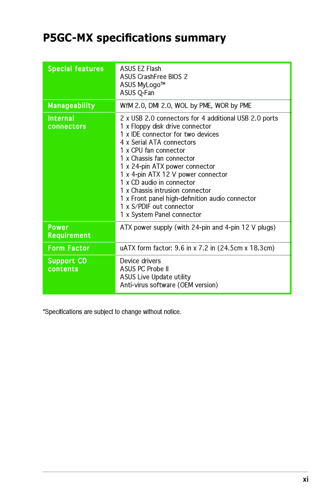 Asus manual P5GC-MX specifications summary 