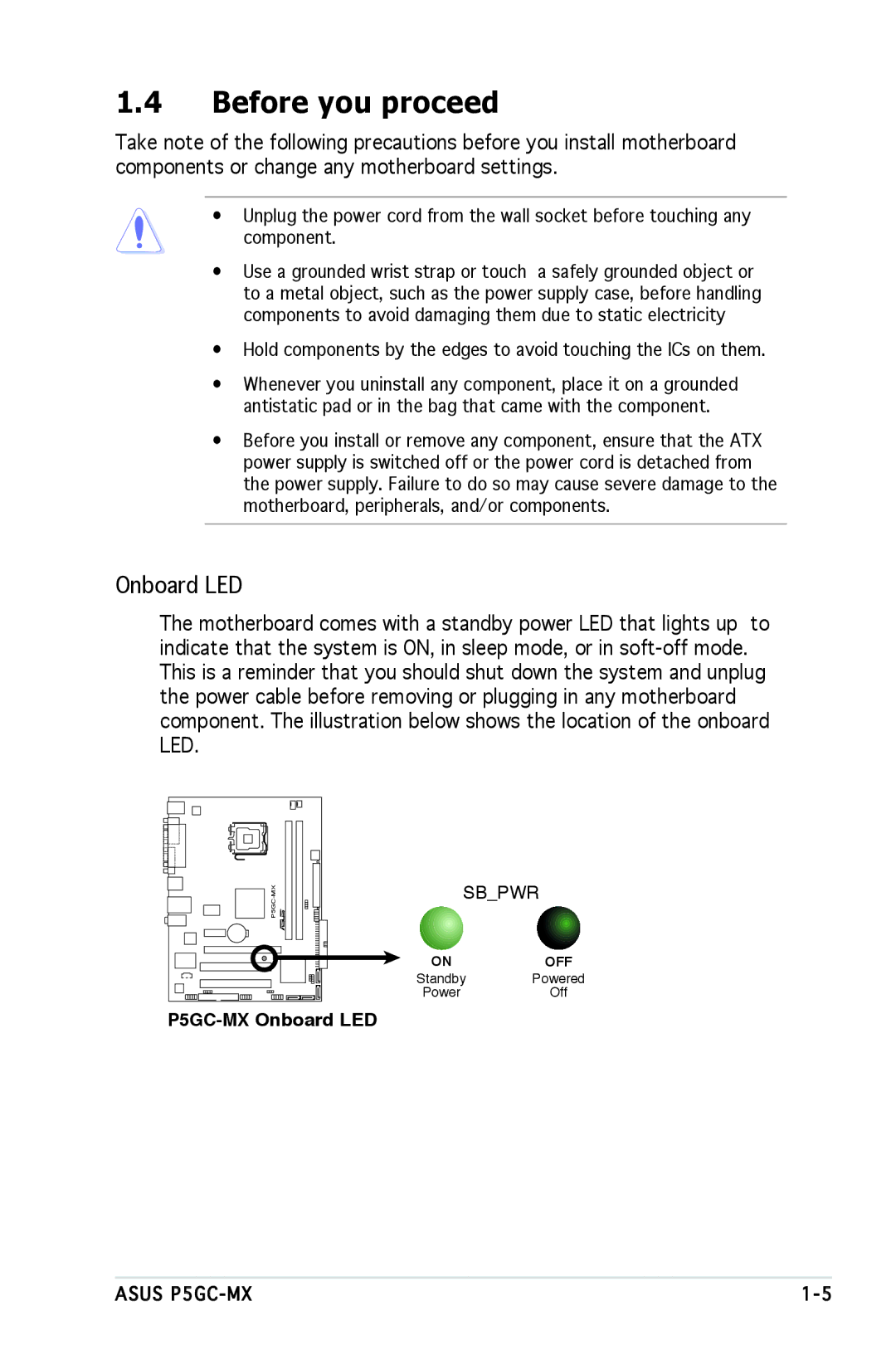 Asus manual Before you proceed, P5GC-MX Onboard LED 