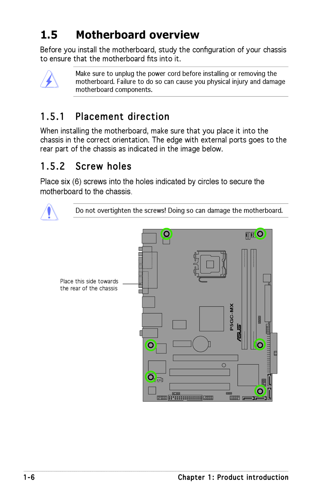 Asus P5GC-MX manual Motherboard overview, Placement direction, Screw holes 