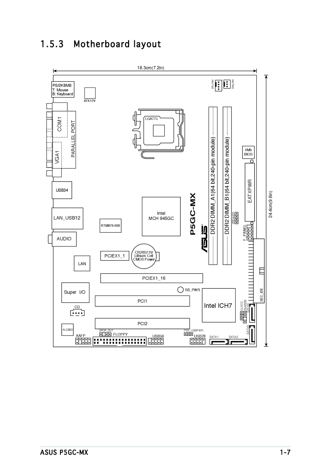 Asus P5GC-MX manual Motherboard layout, VGA1 