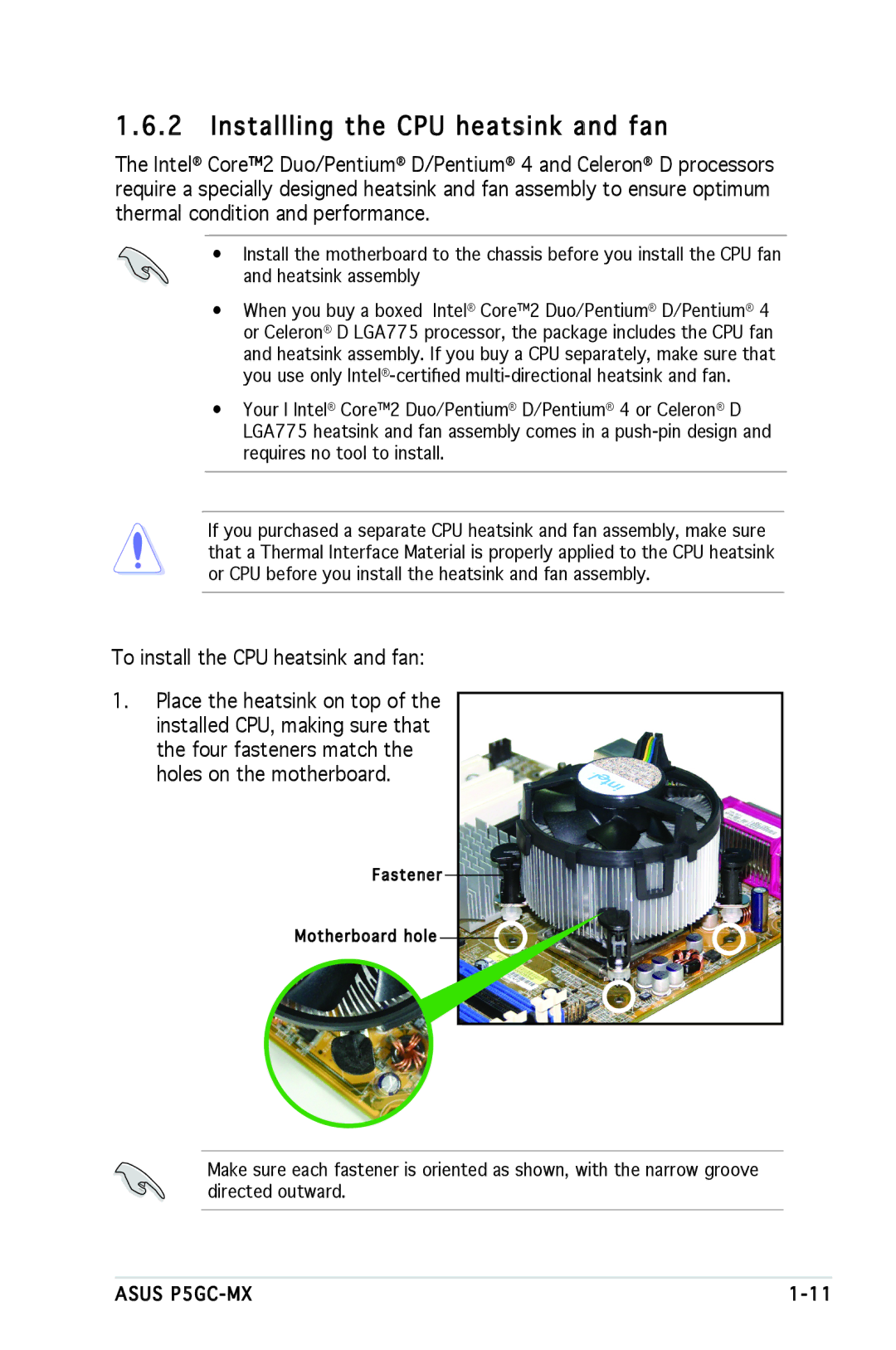 Asus P5GC-MX manual Installling the CPU heatsink and fan 