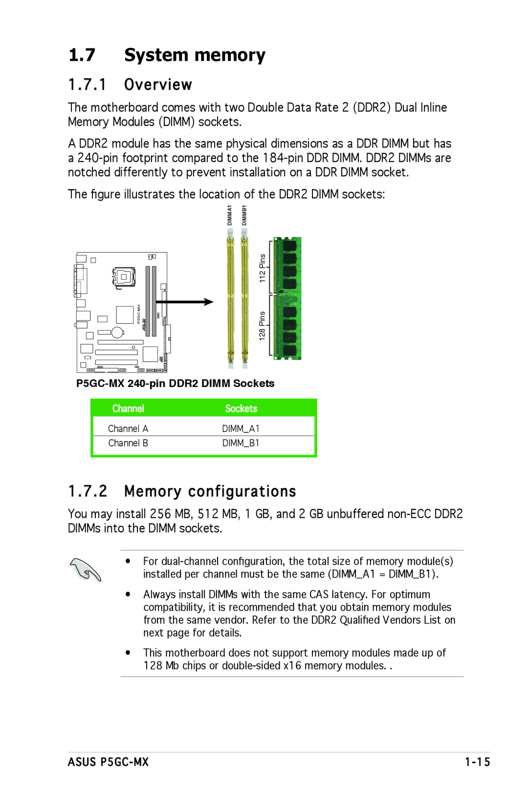 Asus manual System memory, Overview, Memory configurations, P5GC-MX 240-pin DDR2 Dimm Sockets 