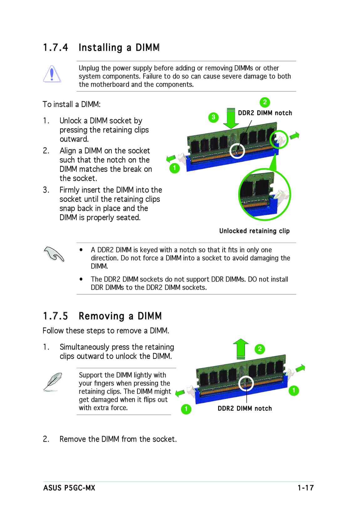 Asus P5GC-MX manual Installing a Dimm, Removing a Dimm, To install a Dimm, Remove the Dimm from the socket 