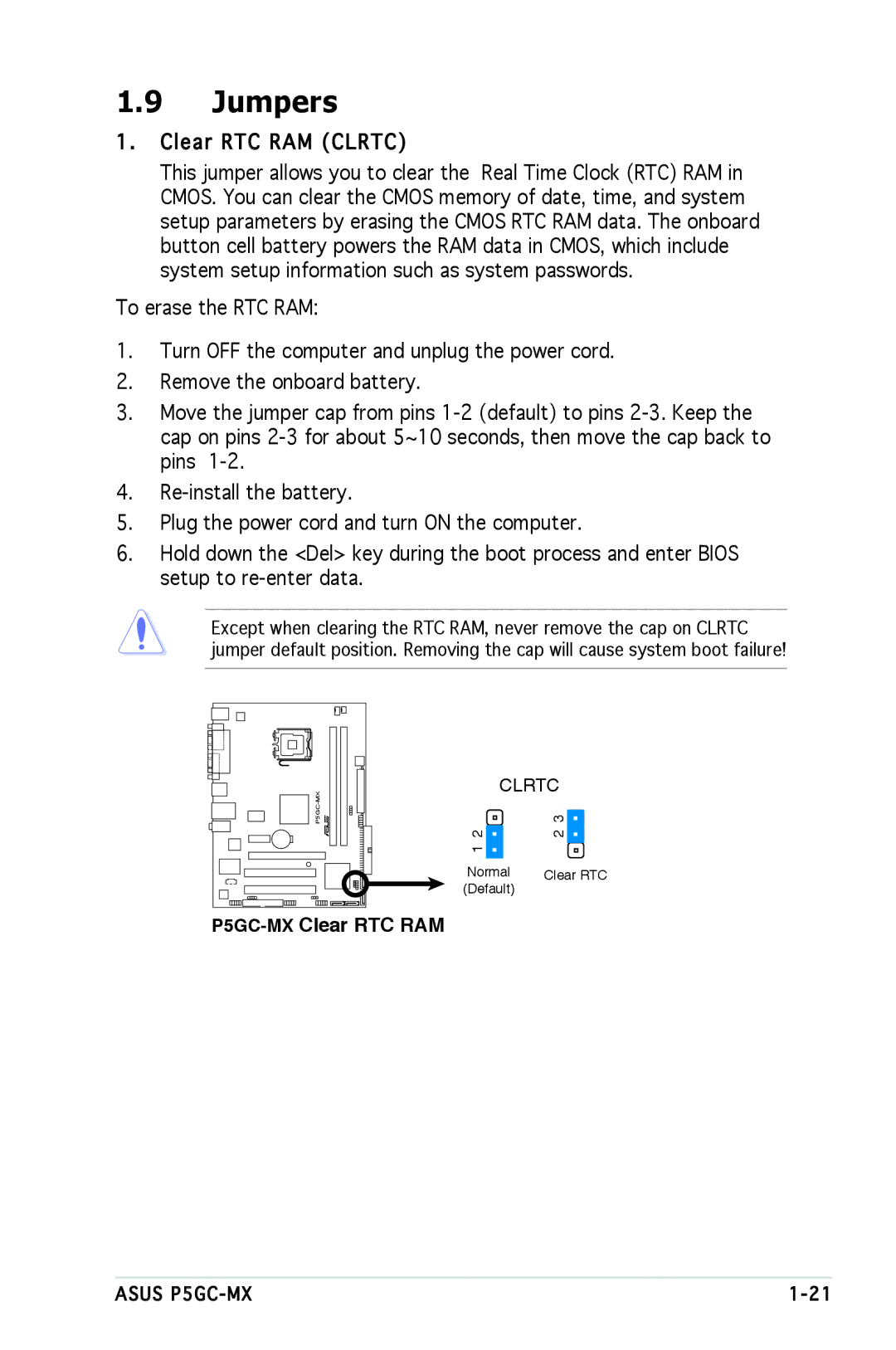 Asus manual Jumpers, Clear RTC RAM Clrtc, P5GC-MX Clear RTC RAM 