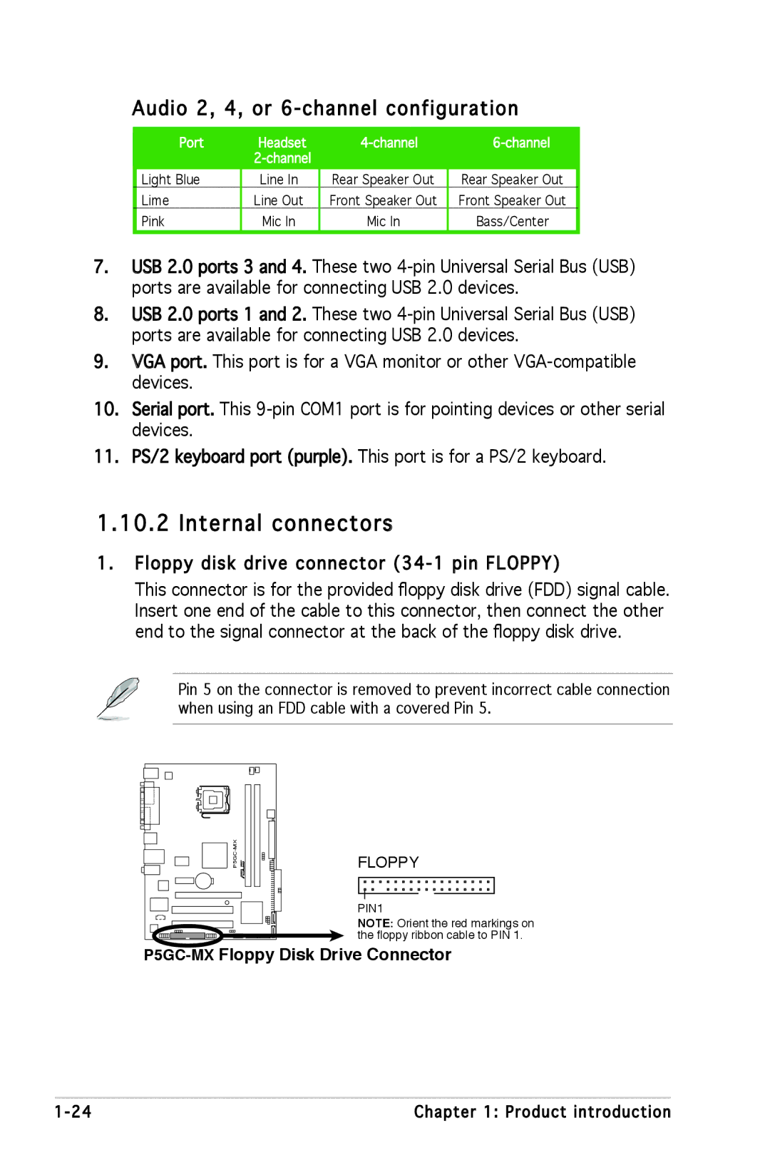 Asus manual Internal connectors, Audio 2, 4, or 6-channel configuration, P5GC-MX Floppy Disk Drive Connector 