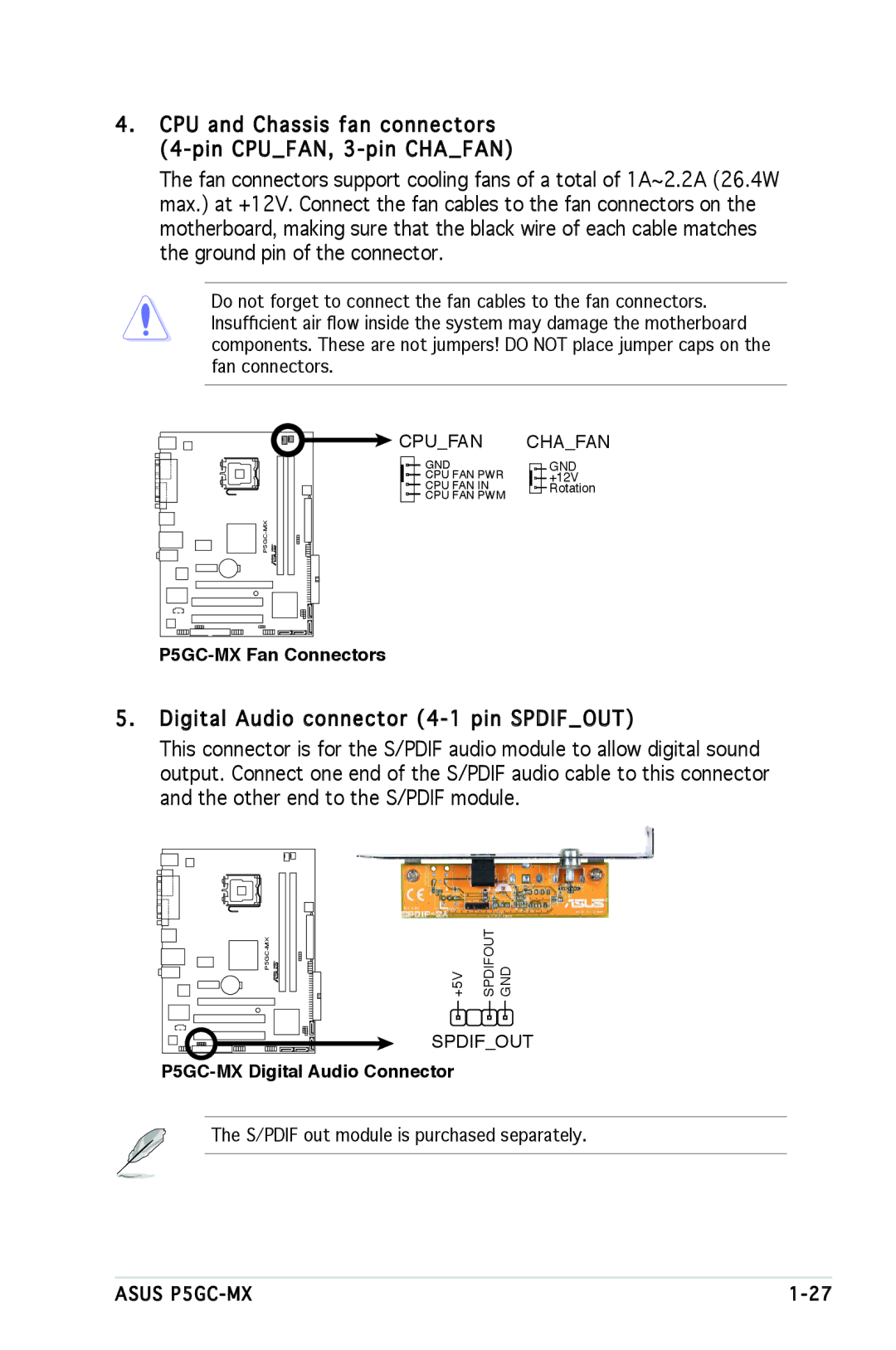 Asus manual P5GC-MX Fan Connectors, P5GC-MX Digital Audio Connector 