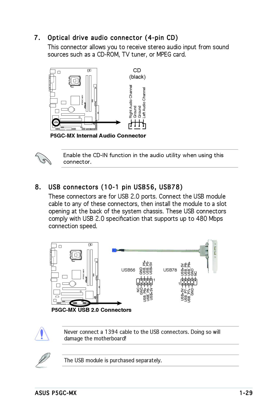 Asus manual P5GC-MX Internal Audio Connector, P5GC-MX USB 2.0 Connectors 