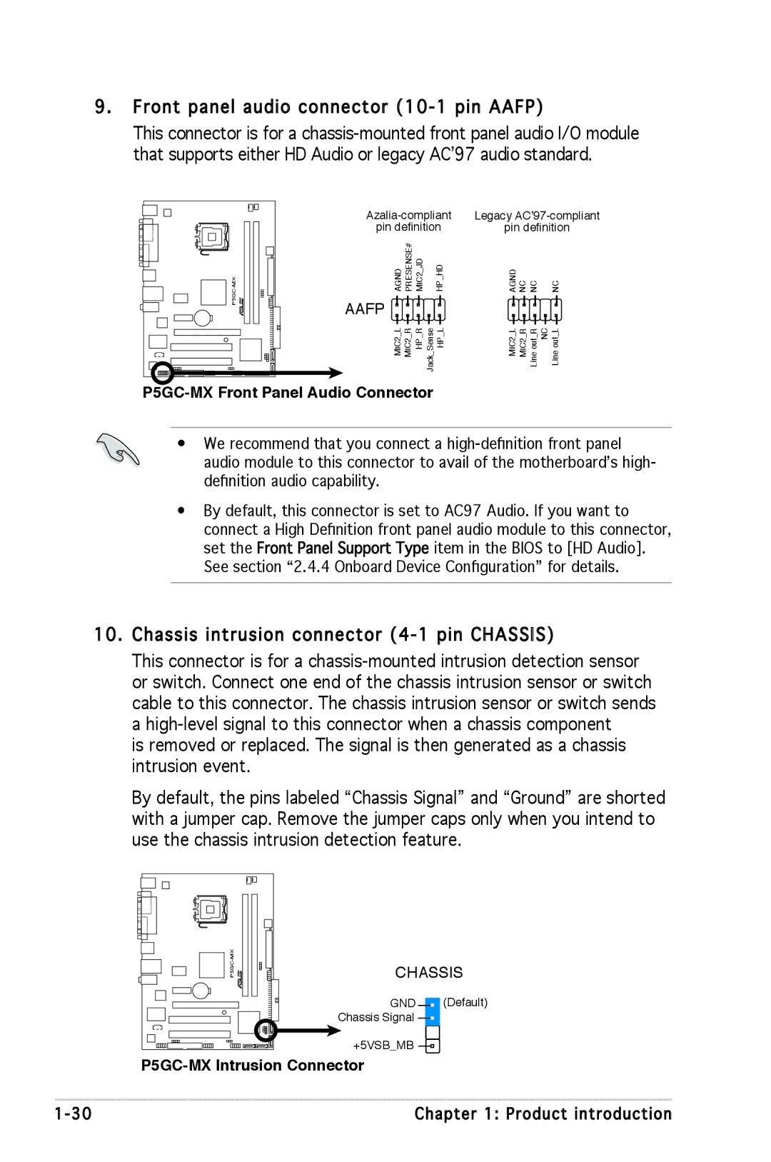 Asus P5GC-MX manual Front panel audio connector 10-1 pin Aafp, Chassis intrusion connector 4-1 pin Chassis 