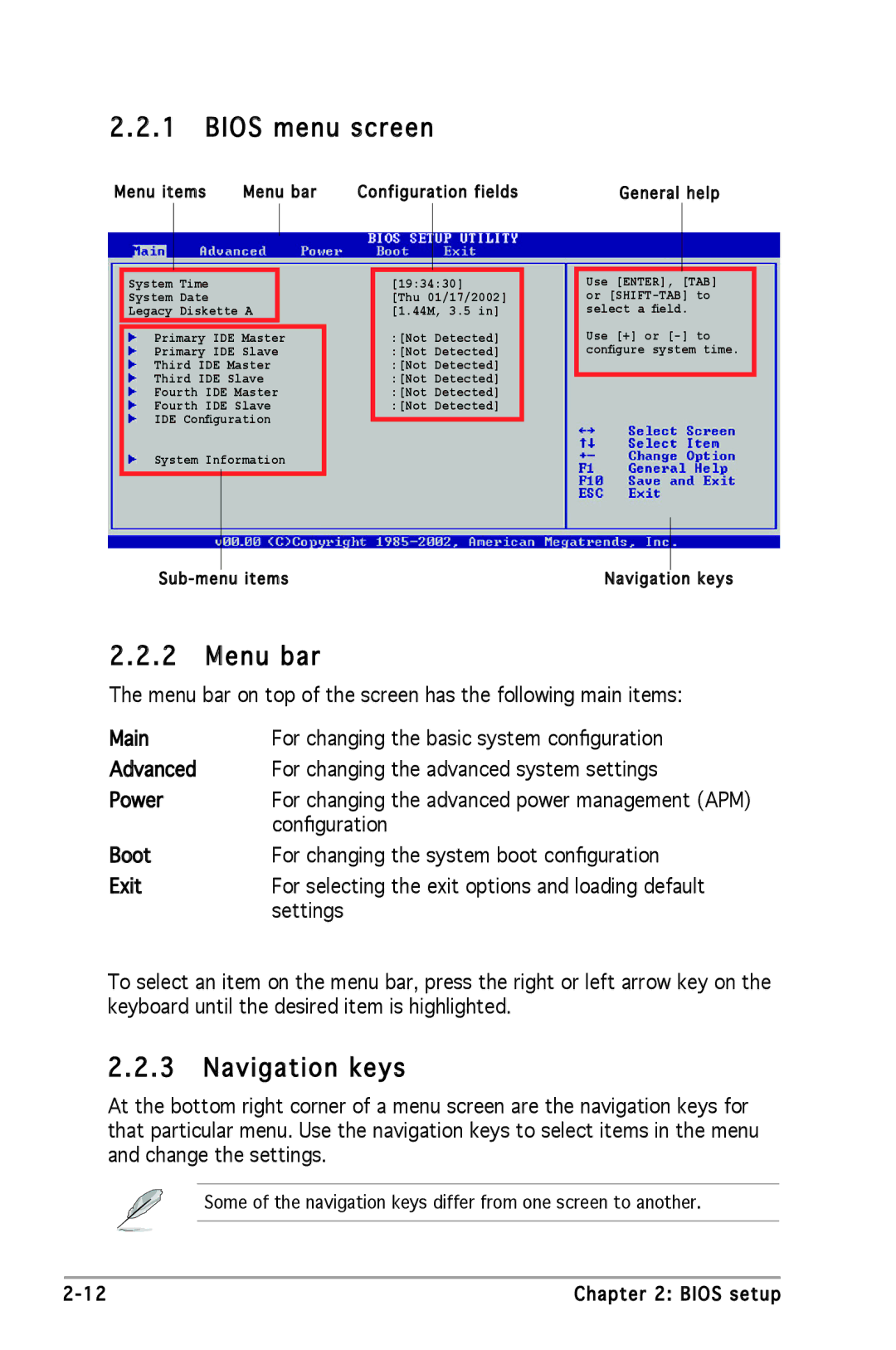 Asus P5GC-MX manual Bios menu screen, Menu bar, Navigation keys, Configuration 