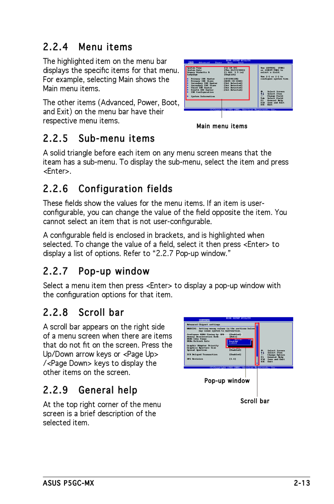 Asus P5GC-MX manual Menu items, Sub-menu items, Configuration fields, Pop-up window, Scroll bar, General help 