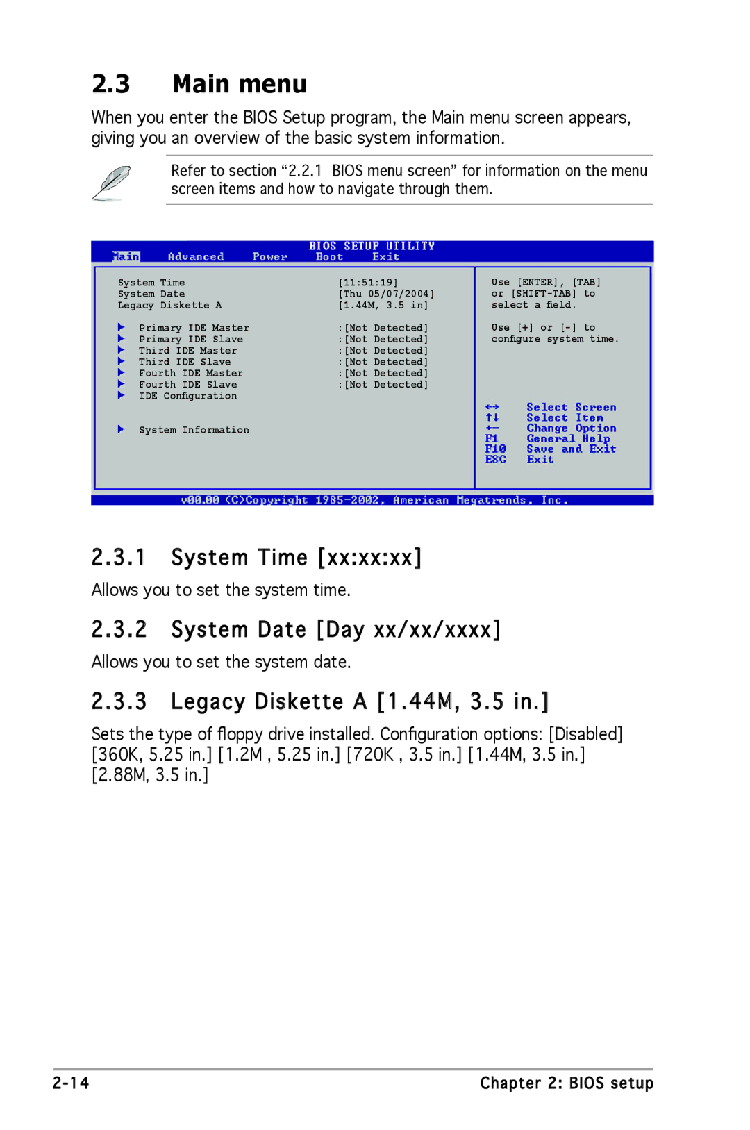 Asus P5GC-MX manual Main menu, System Time, System Date Day xx/xx/xxxx, Legacy Diskette a 1 .44M, 3.5 