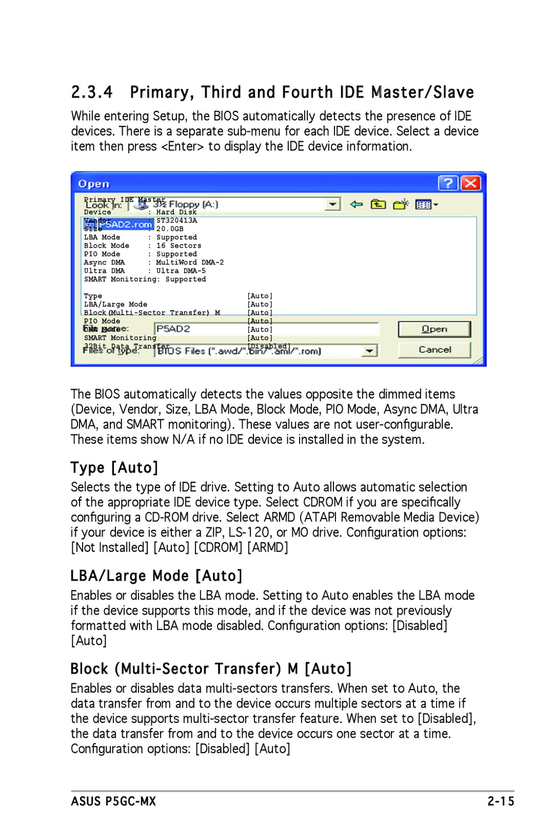 Asus P5GC-MX manual Primary, Third and Fourth IDE Master/Slave, Type Auto, LBA/Large Mode Auto 