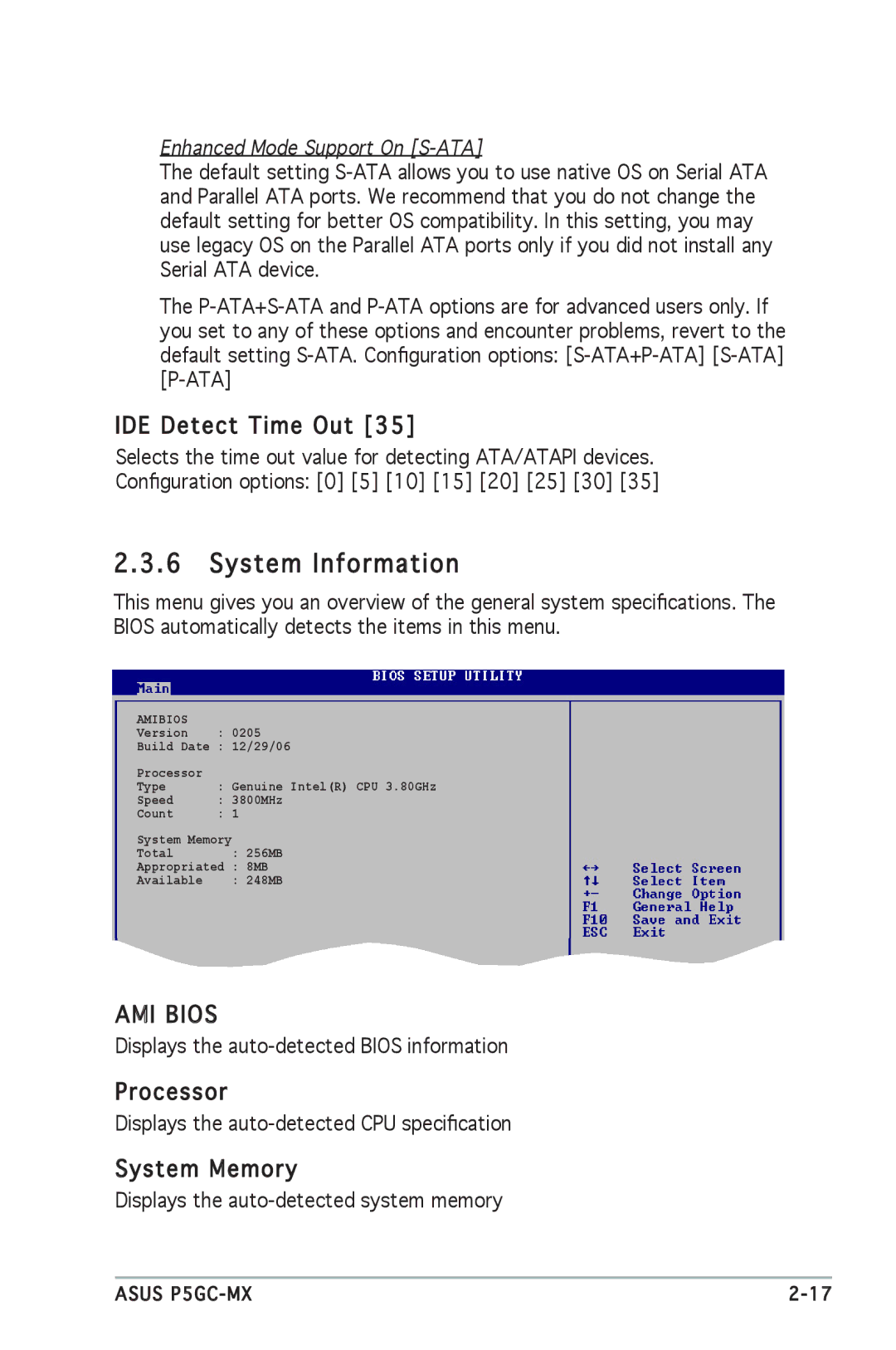 Asus P5GC-MX manual System Information, IDE Detect Time Out, Processor, System Memory 