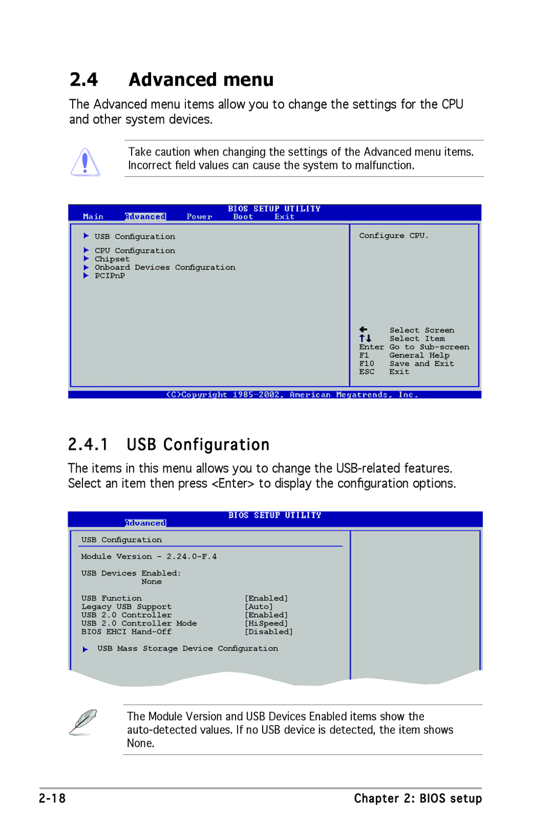 Asus P5GC-MX manual Advanced menu, USB Configuration 