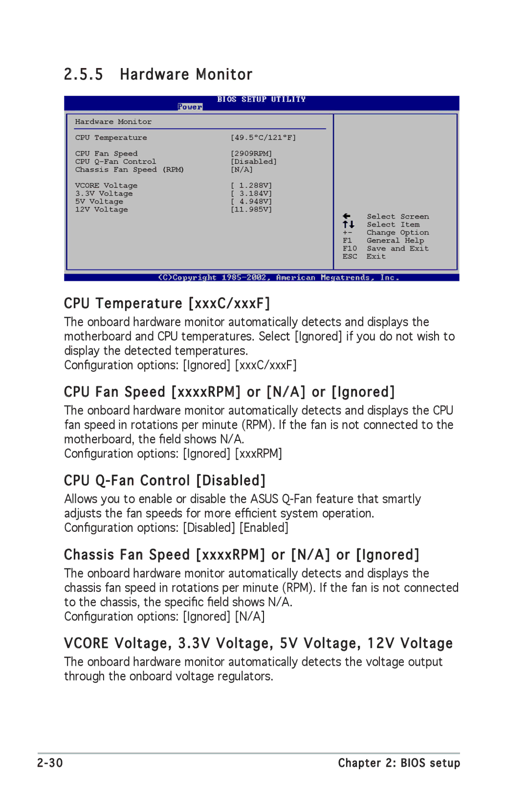 Asus P5GC-MX manual CPU Temperature xxxC/xxxF, CPU Fan Speed xxxxRPM or N/A or Ignored, CPU Q-Fan Control Disabled 