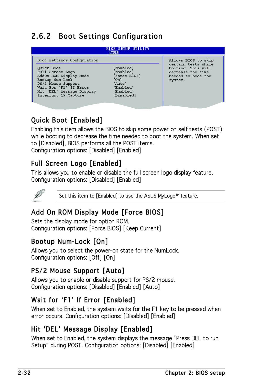 Asus P5GC-MX manual Quick Boot Enabled, Full Screen Logo Enabled, Add On ROM Display Mode Force Bios, Bootup Num-Lock On 