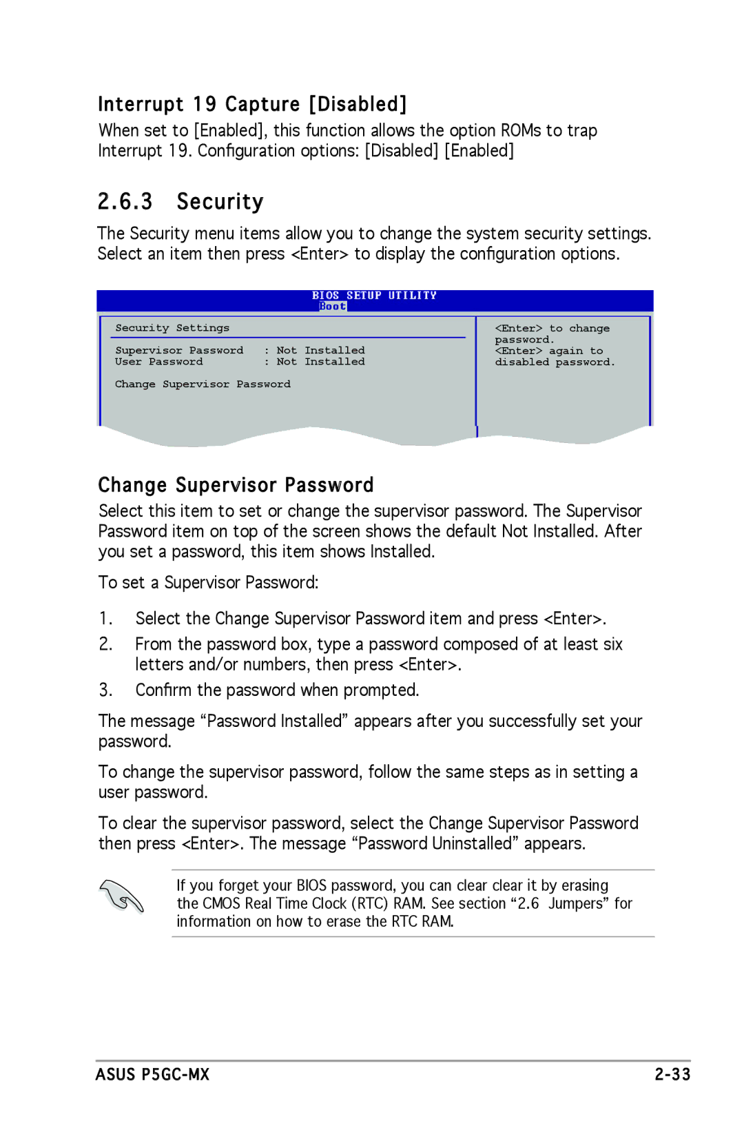 Asus P5GC-MX manual Security, Interrupt 19 Capture Disabled, Change Supervisor Password 