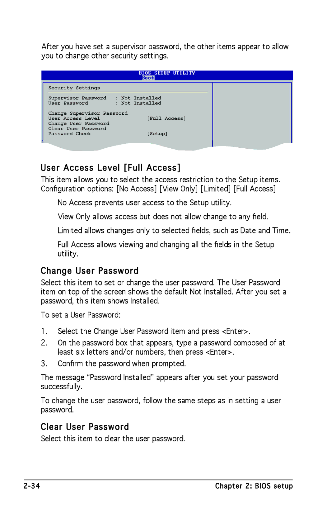 Asus P5GC-MX manual User Access Level Full Access, Change User Password, Clear User Password 