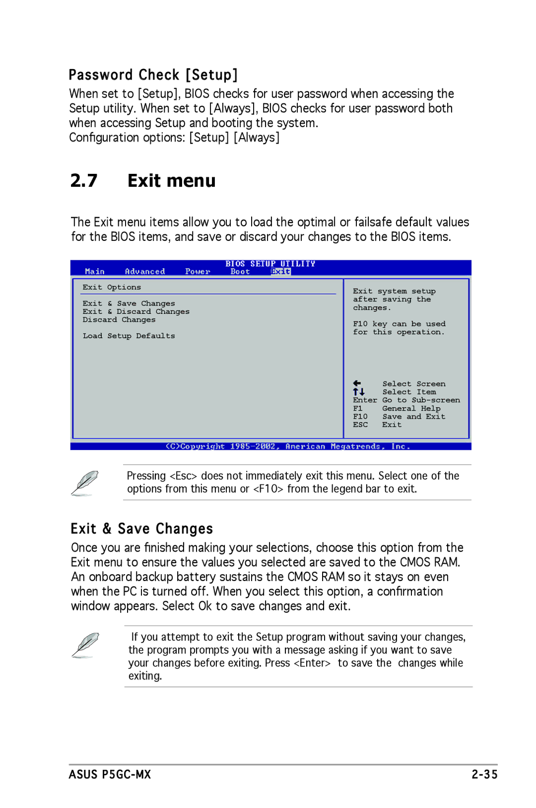 Asus P5GC-MX manual Exit menu, Password Check Setup, Exit & Save Changes 