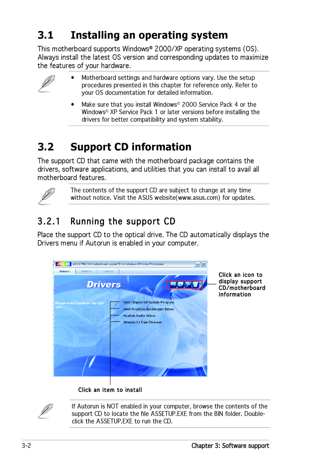 Asus P5GC-MX manual Installing an operating system, Support CD information, Running the support CD 