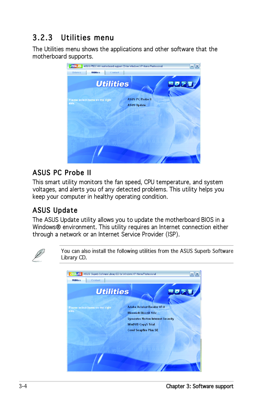 Asus P5GC-MX manual Utilities menu, Asus PC Probe, Asus Update 