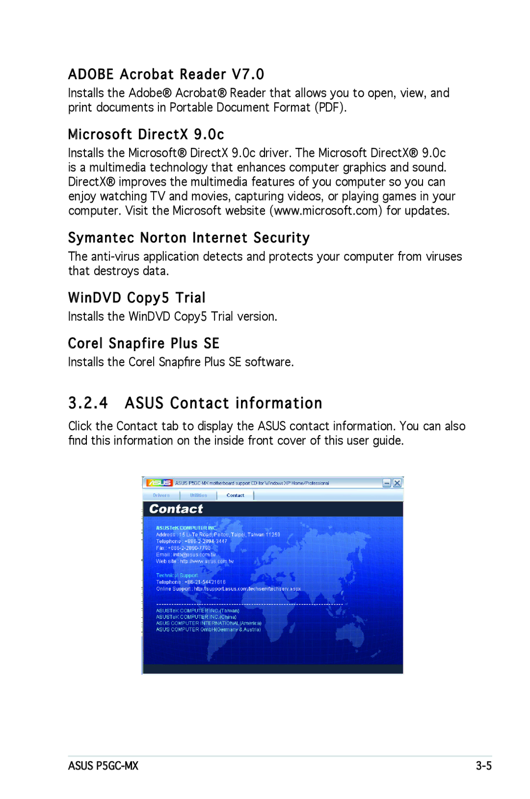 Asus P5GC-MX manual Asus Contact information, Corel Snapfire Plus SE, Installs the WinDVD Copy5 Trial version 
