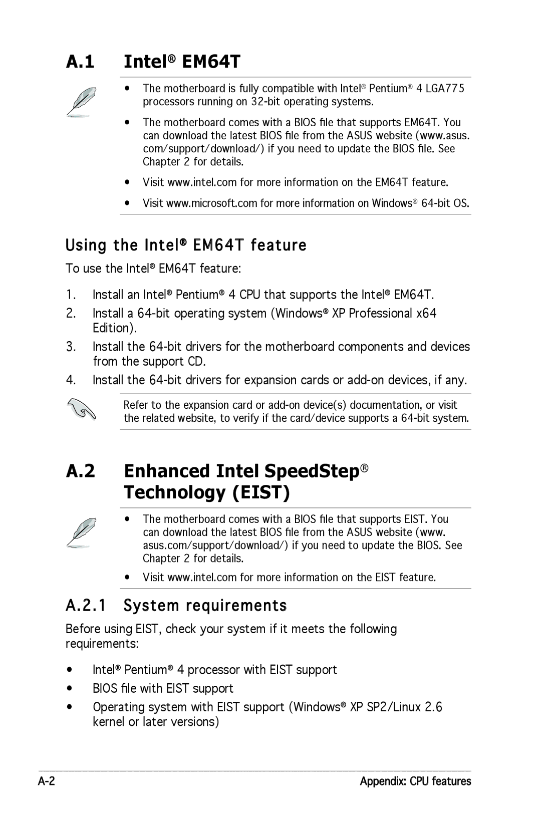 Asus P5GC-MX manual Enhanced Intel SpeedStep Technology Eist, Using the Intel EM64T feature, System requirements 