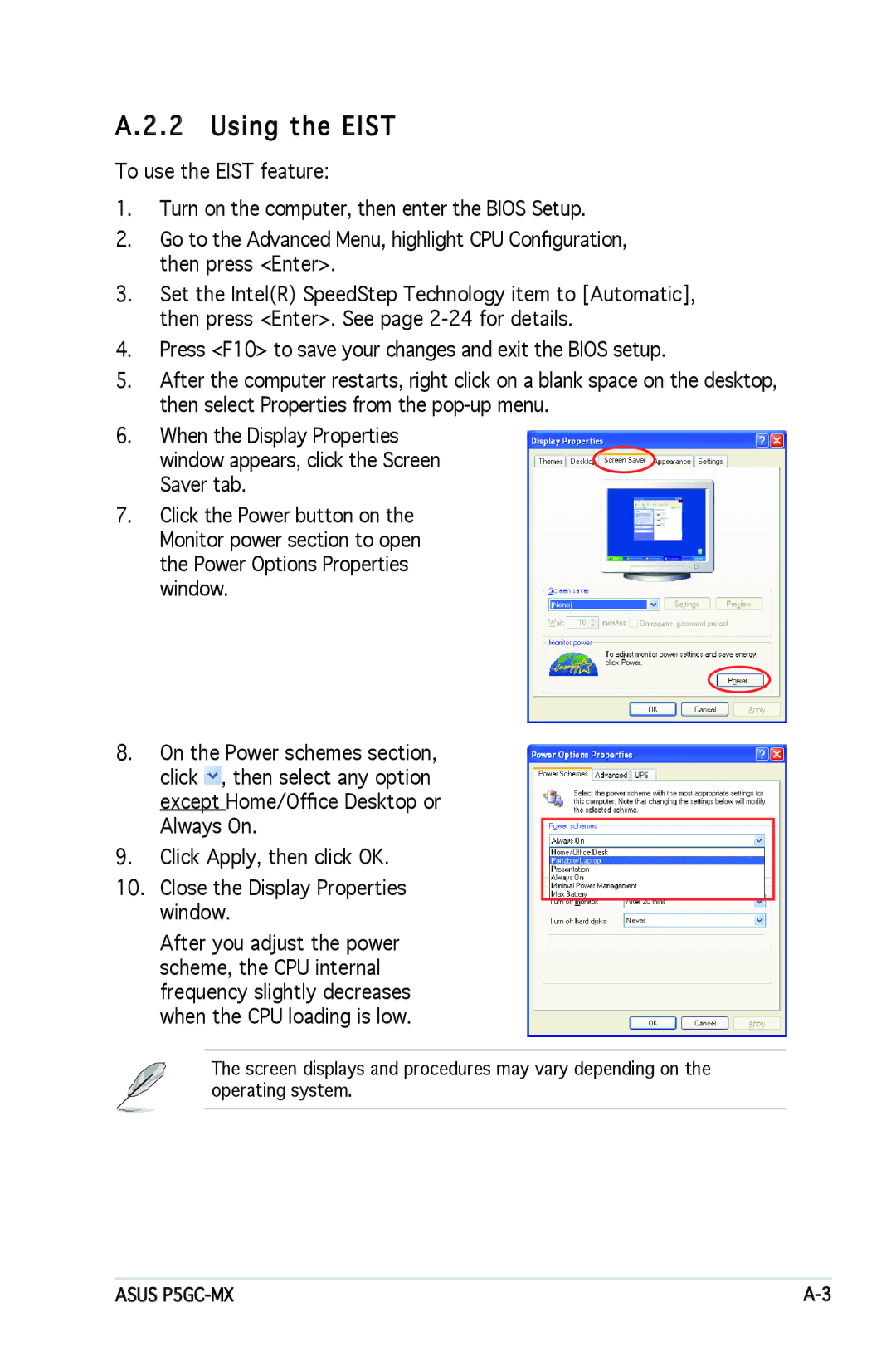 Asus P5GC-MX manual Using the Eist 