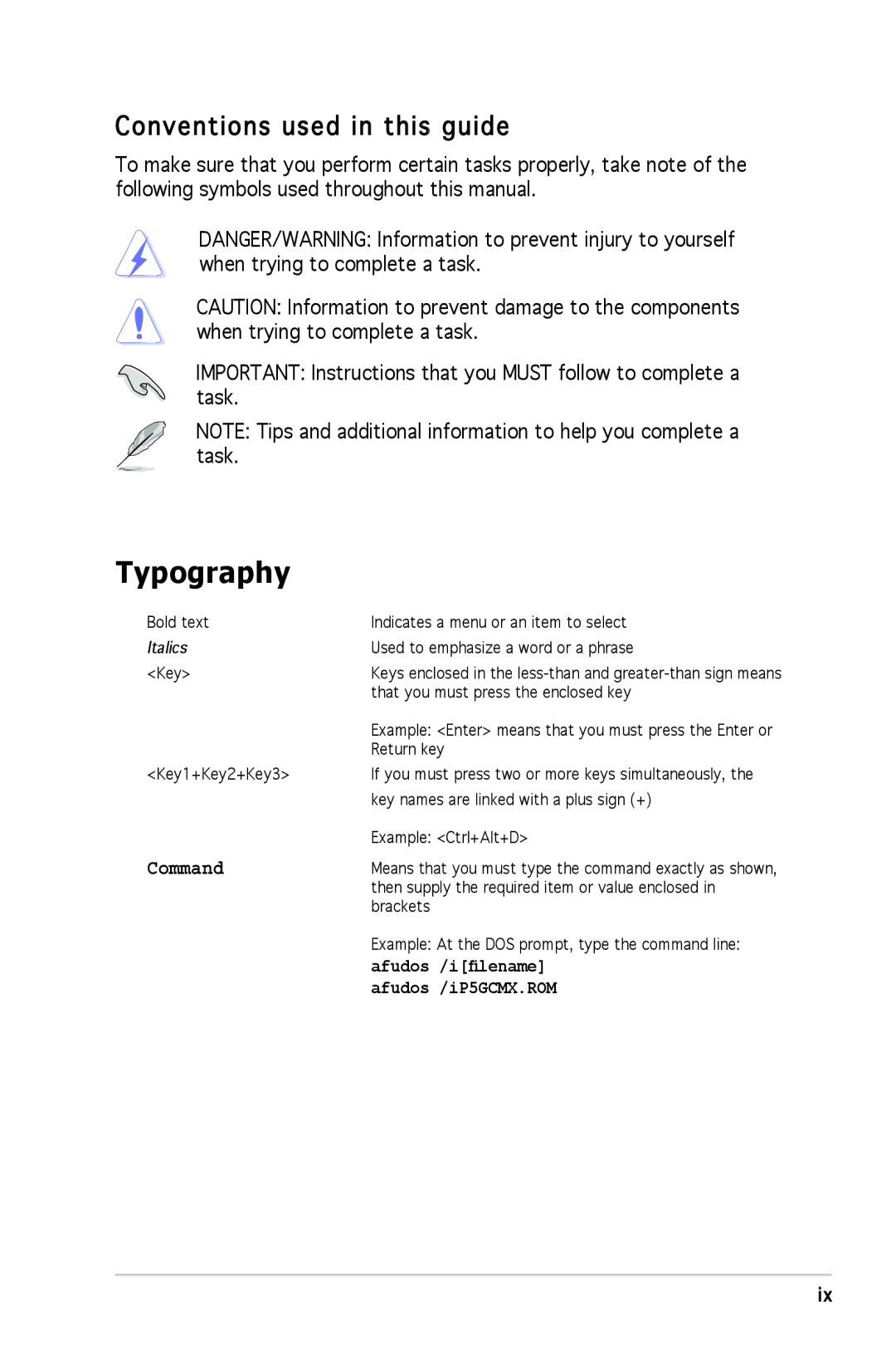 Asus P5GC-MX manual Typography, Conventions used in this guide 