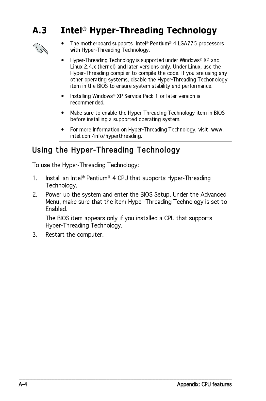 Asus P5GC-MX manual Intel Hyper-Threading Technology, Using the Hyper -Threading Technology 