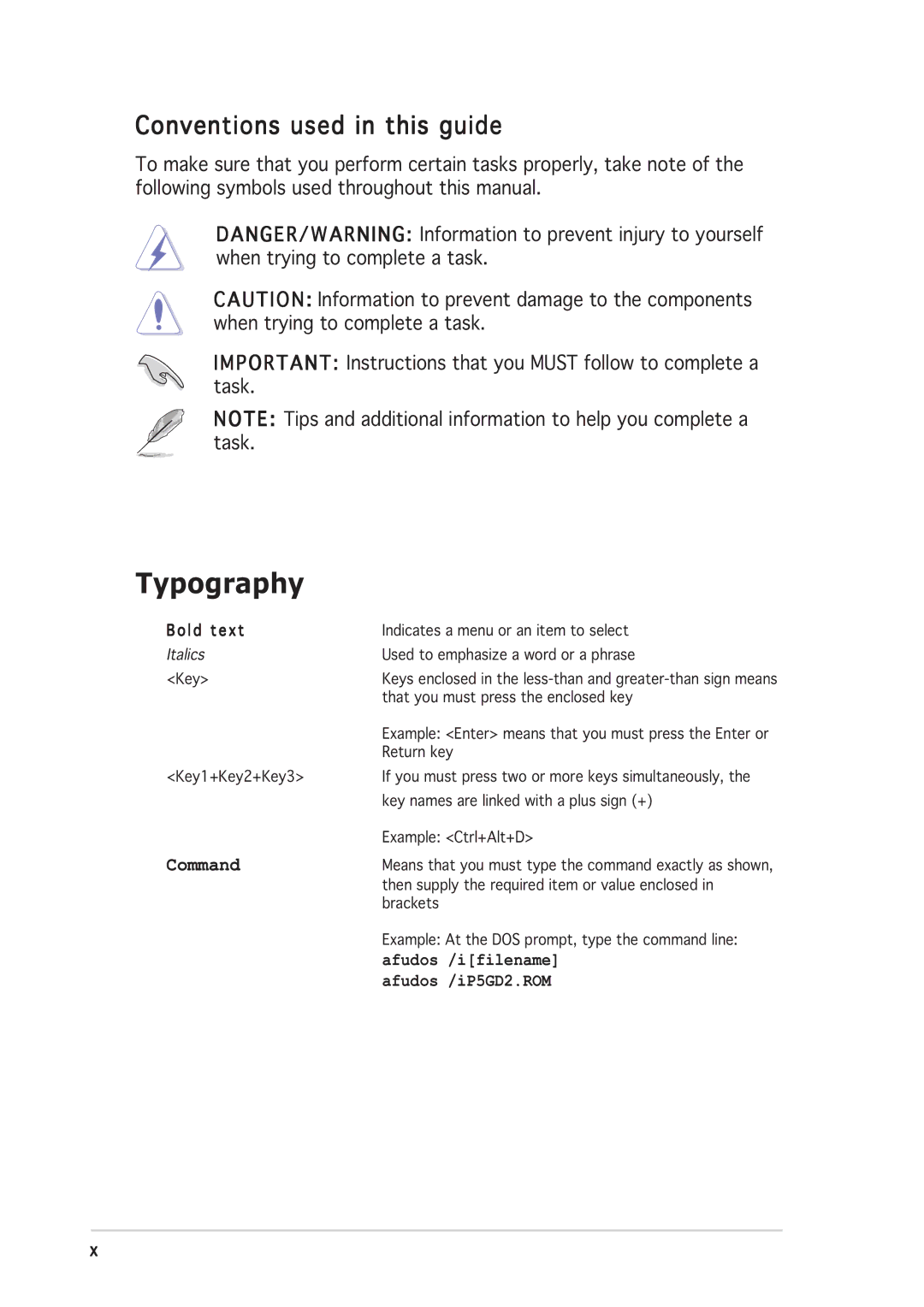 Asus P5GD2 manual Typography, Conventions used in this guide 