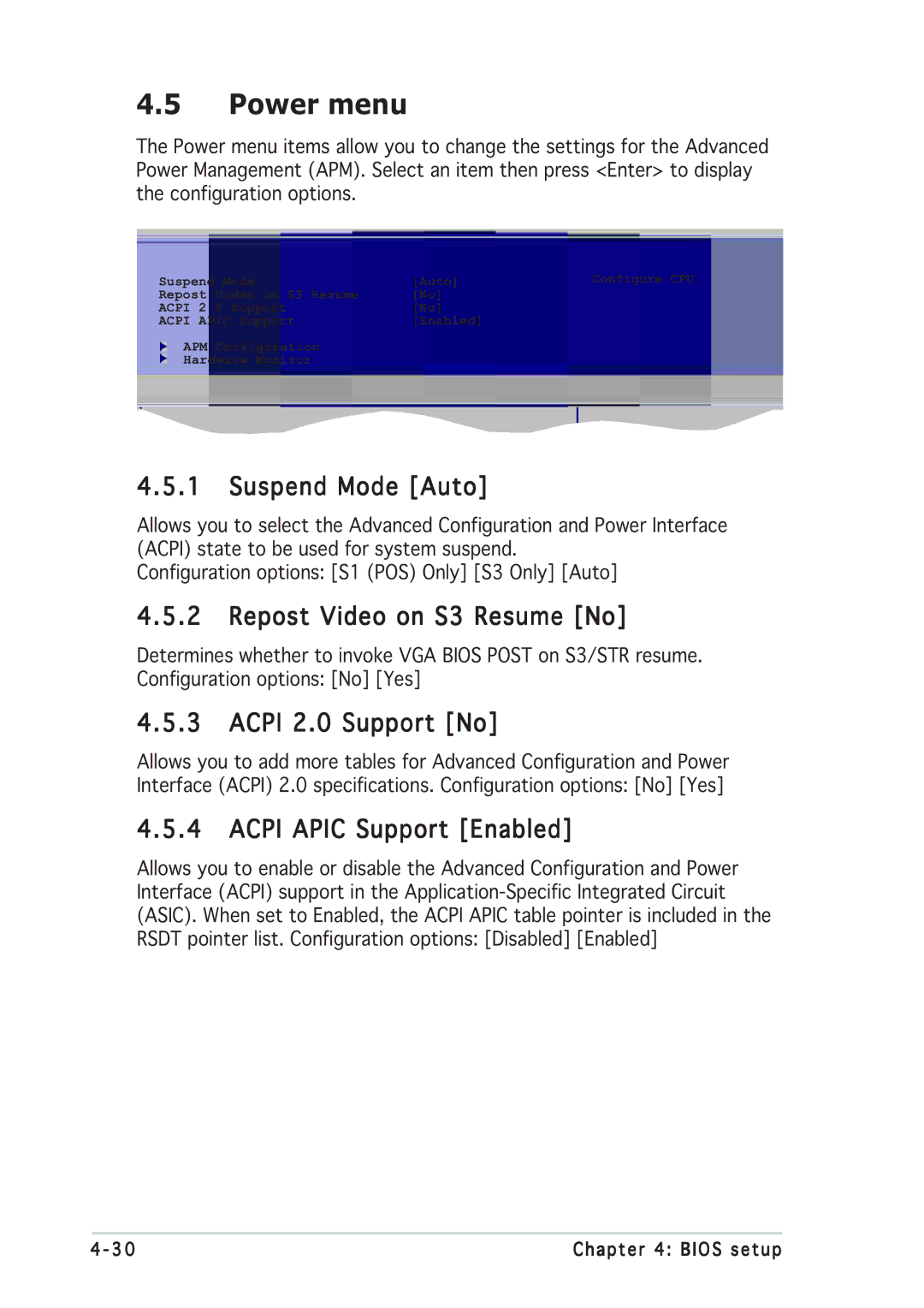 Asus P5GD2 Power menu, Suspend Mode Auto, Repost Video on S3 Resume No, Acpi 2.0 Support No, Acpi Apic Support Enabled 