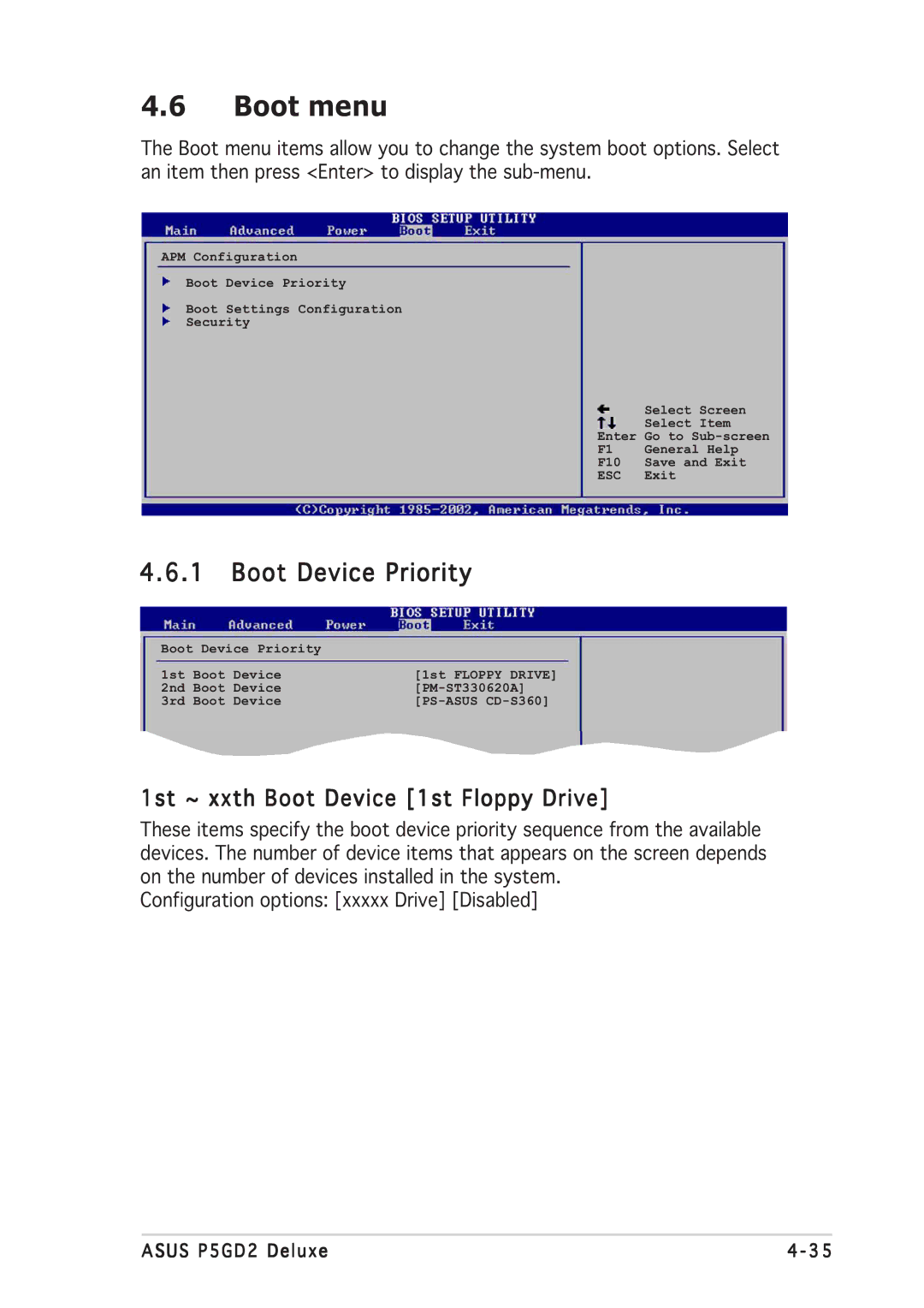 Asus P5GD2 manual Boot menu, Boot Device Priority, 1st ~ xxth Boot Device 1st Floppy Drive 