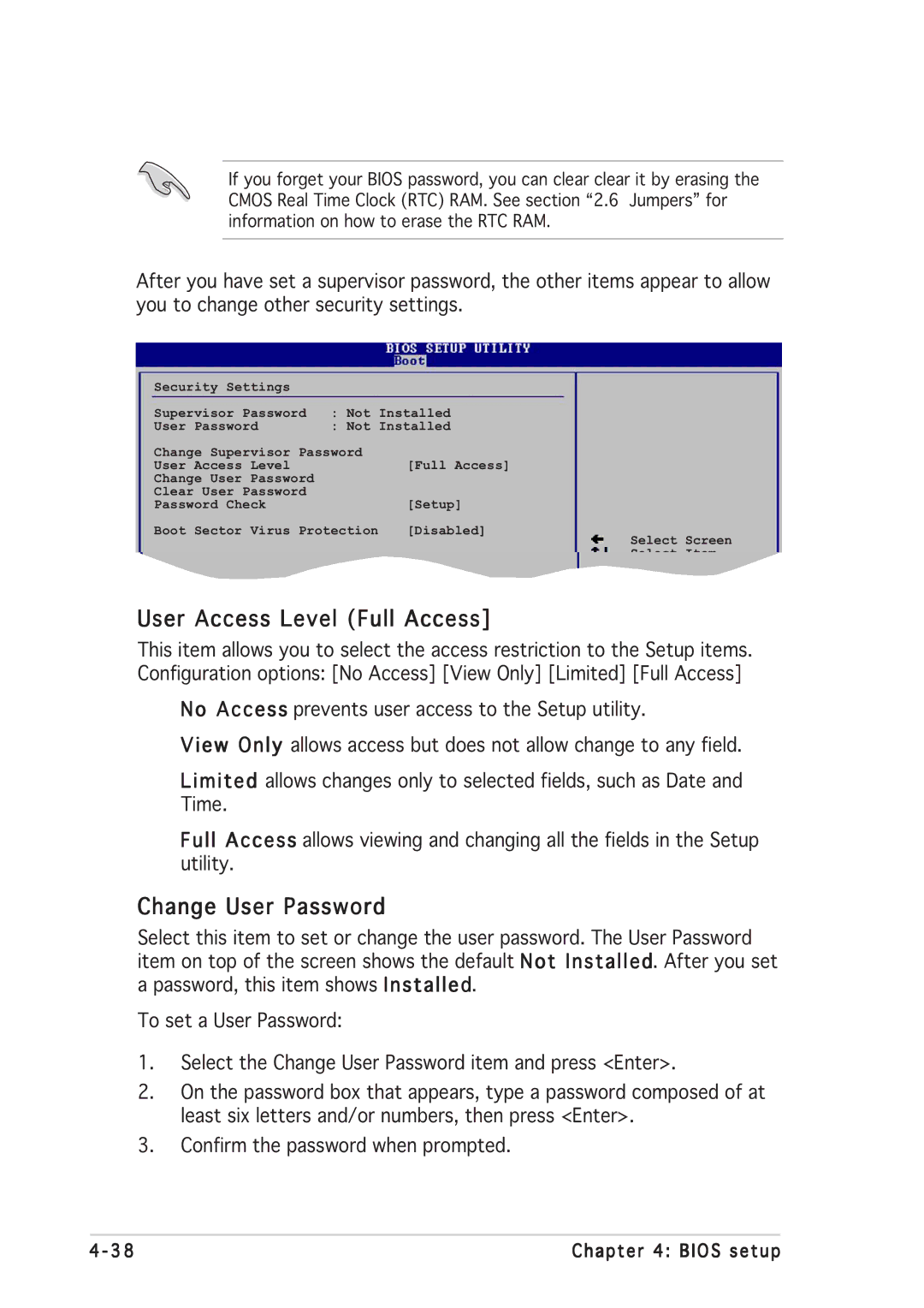 Asus P5GD2 manual User Access Level Full Access, Change User Password 