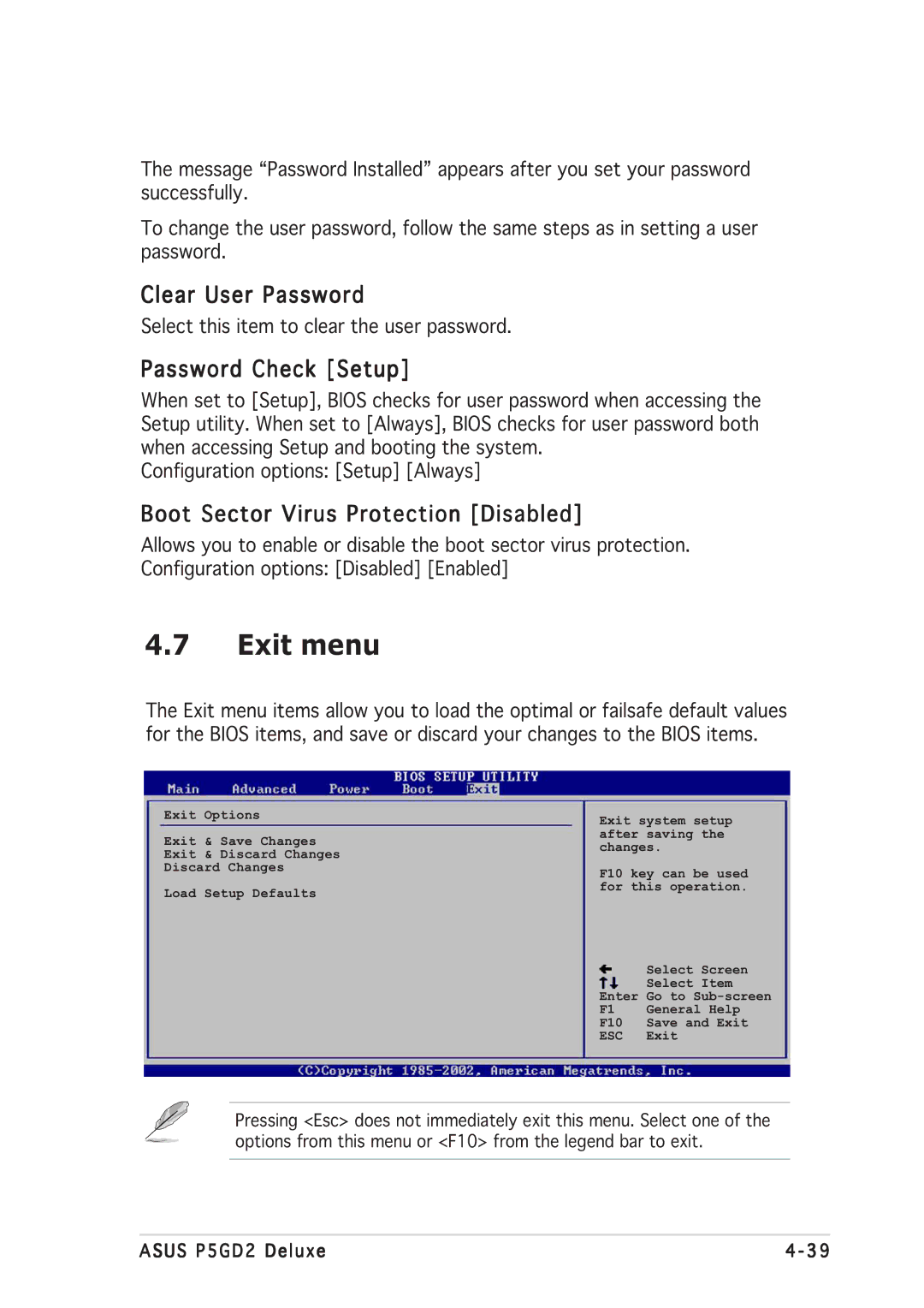 Asus P5GD2 manual Exit menu, Clear User Password, Password Check Setup, Boot Sector Virus Protection Disabled 