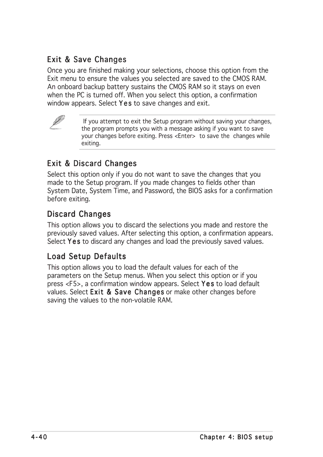 Asus P5GD2 manual Exit & Save Changes, Exit & Discard Changes, Load Setup Defaults 