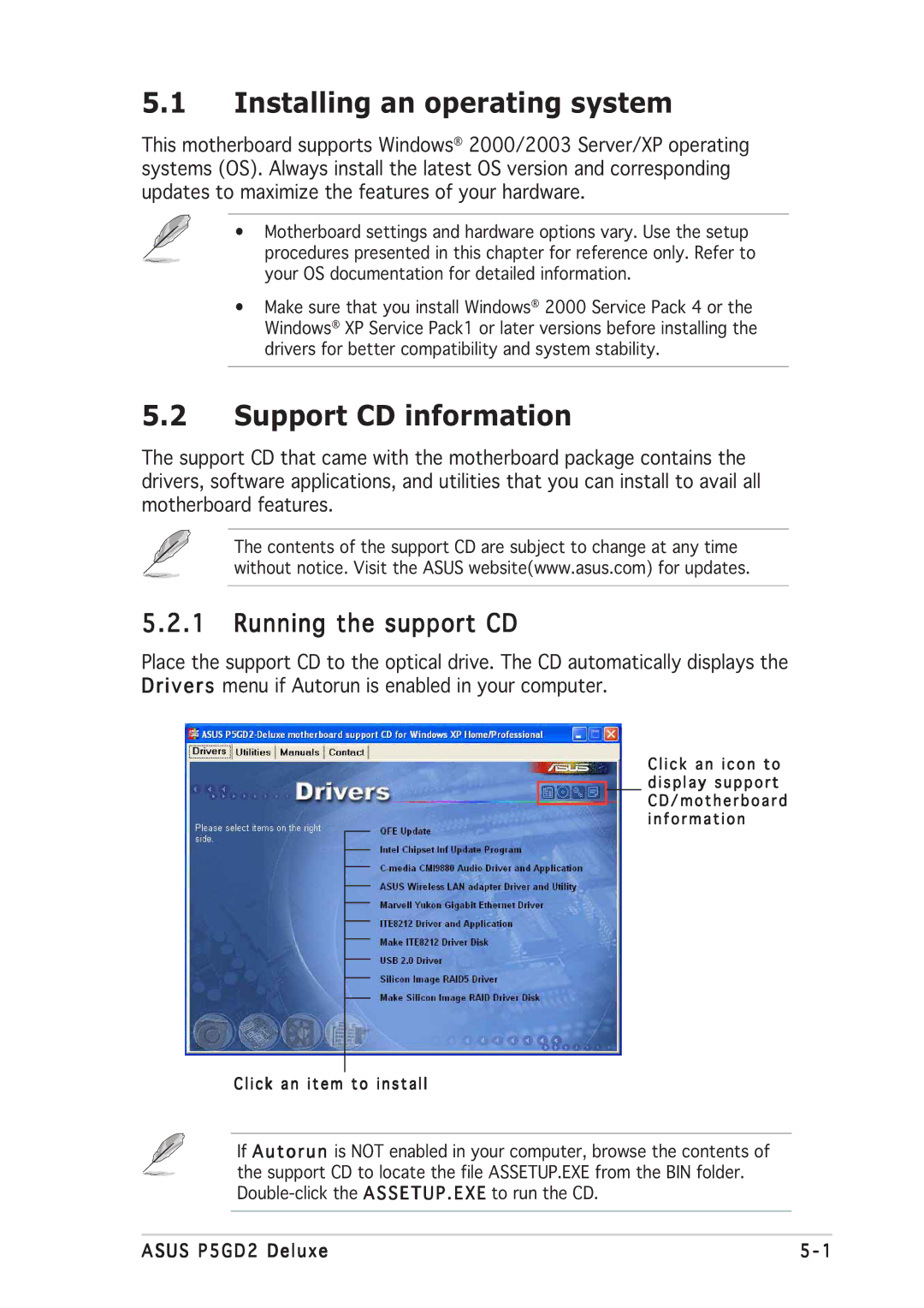 Asus P5GD2 manual Installing an operating system, Support CD information, Running the support CD 