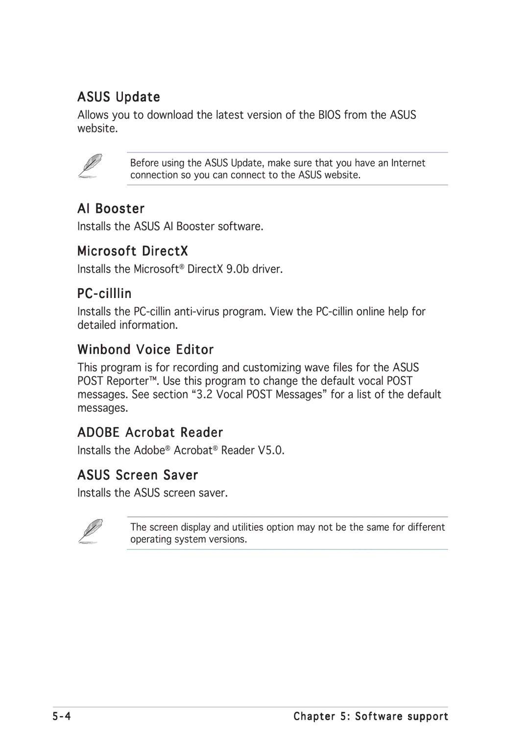 Asus P5GD2 manual Asus Update, AI Booster, Microsoft DirectX, PC-cilllin, Winbond Voice Editor, Adobe Acrobat Reader 