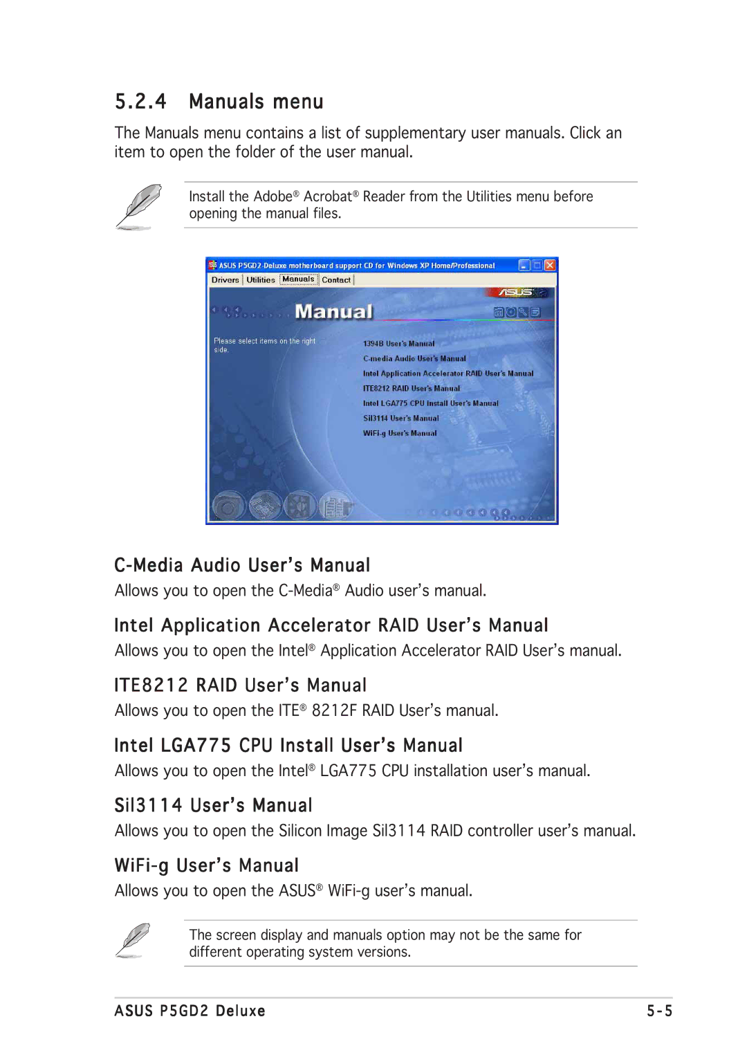 Asus P5GD2 manual Manuals menu 